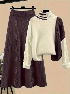 Plus Size - Two-Piece High-Neck Sweater and Midi Skirt Set | Elegant Color Block Design, Slight Stretch Fabric, Suitable for Fall/Winter, Brand: JNQUALYTRIX