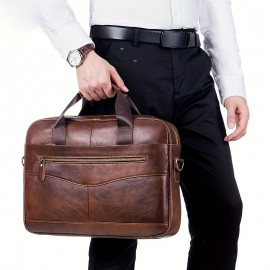 Men's Genuine Leather Business Briefcase - Large Capacity Laptop Messenger Bag with Multiple Compartments, Brown Top Grain Cowhide for Work & Travel, Laptop Bag