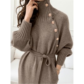Women's Elegant Sweater Dress - Button-Front Collar High Neck Long Sleeve Dress, Solid Color Loose Fit Dress Suitable for Fall/Winter, Office to Semi-Formal Wear