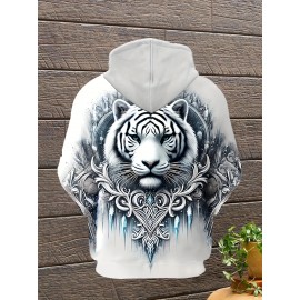 Men'S 3D Ice And Snow World Hoodie Featuring a White Tiger Design - a Long-Sleeve Casual Pullover with Drawstring Pockets, Adorned with Nature-Inspired Decorations And High-Quality Detailed Prints, Made from Machine-Washable Fabric, Plus Size