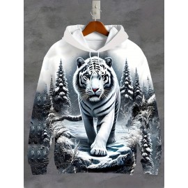 Men'S 3D Ice And Snow World Hoodie Featuring a White Tiger Design - a Long-Sleeve Casual Pullover with Drawstring Pockets, Adorned with Nature-Inspired Decorations And High-Quality Detailed Prints, Made from Machine-Washable Fabric, Plus Size