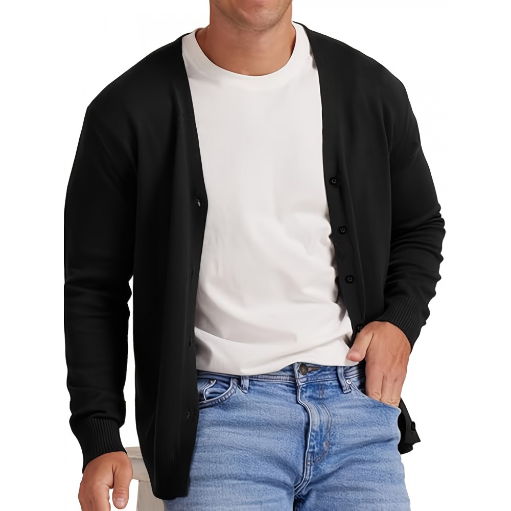 New Men's Solid Color Spring/Autumn Knit Cardigan V-Neck Outerwear Youth Knit Sweater Coat