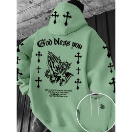 Men'S Christian Faith Hooded Sweatshirt with Prayer Hands & Cross Design - All-Season Casual Pullover, Machine Washable, Kangaroo Pocket & Drawstring Hood, Plus Size, Church Activities & Casual Attire