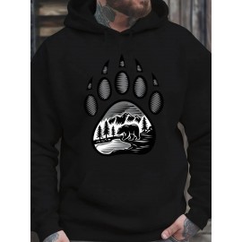 Plus-Size Men'S 3D Digital Print Bear Paw & Forest Graphic Hooded Sweatshirt - with Wildlife Design, Casual Long Sleeve Pullover, Regular Fit for Outdoor & Casual Attire, Nature-Inspired Men'S Fashion, Plus Size